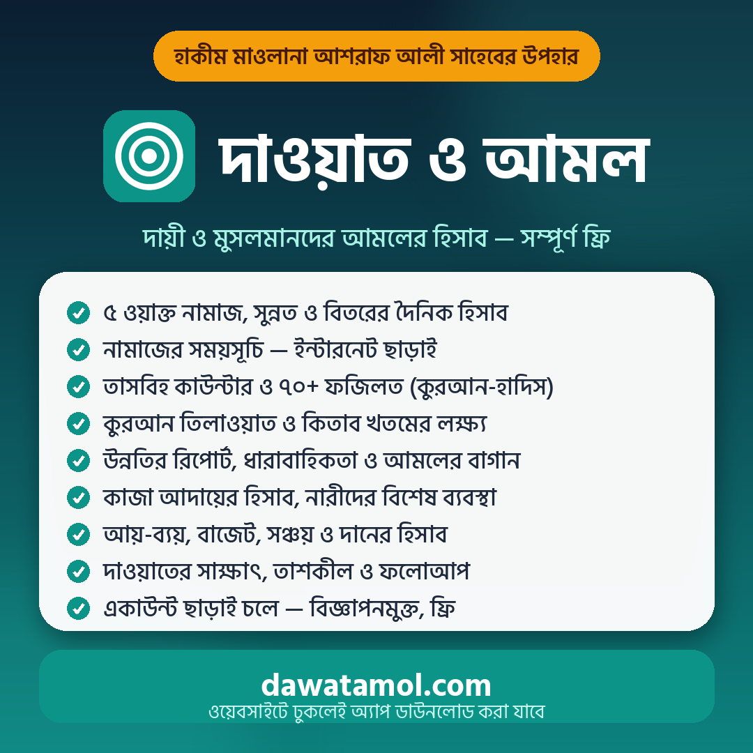দাওয়াত ও আমল অ্যাপের ফিচারসমূহ — নামাজ, যিকির, কুরআন, আয়-ব্যয়ের হিসাব